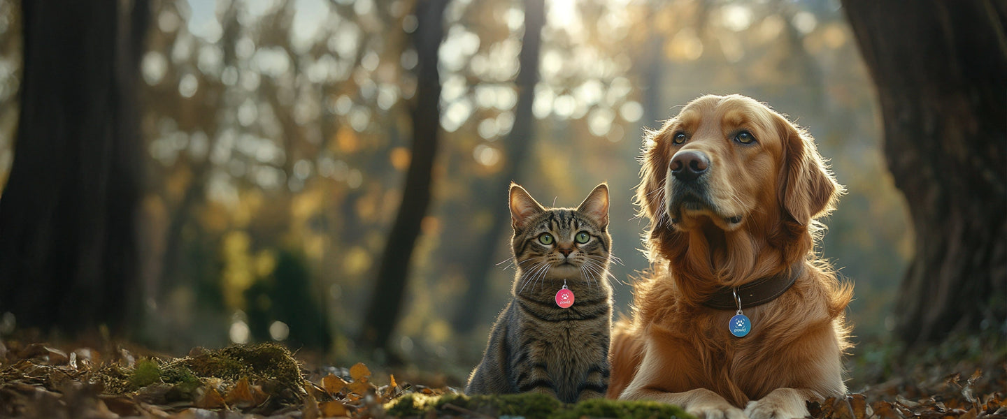 Cat and dog wearing smart QR pet tags sitting in autumn forest outdoors