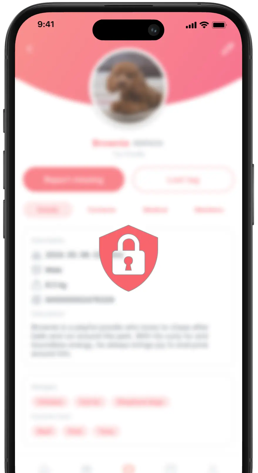 Paw ID pet profile with contact and pet details blurred out behind a red privacy padlock icon, demonstrating the privacy mode feature.