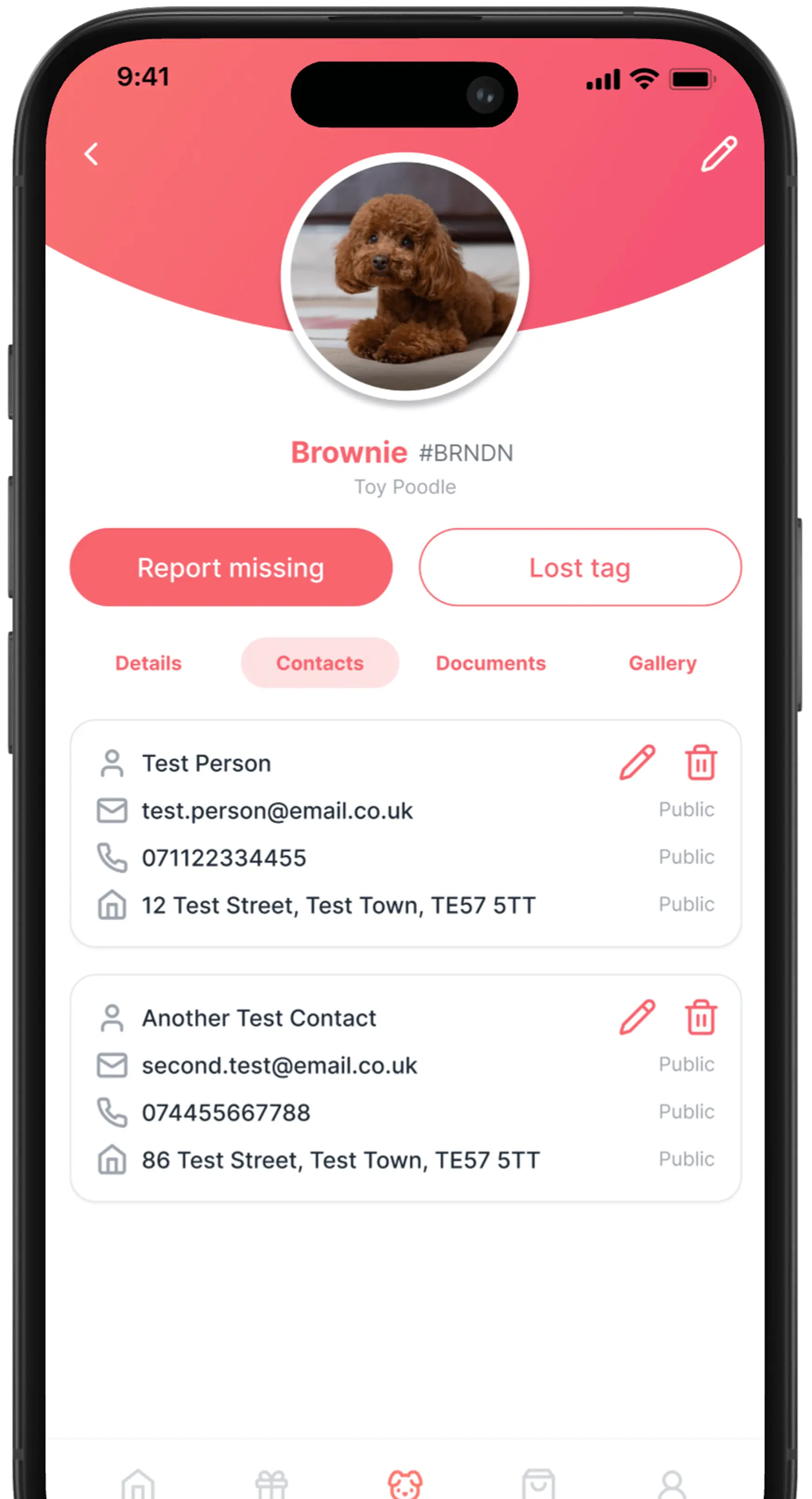 Paw ID pet profile showing multiple contact details for a dog named Brownie, including email addresses, phone numbers, and addresses, with options to edit or delete each contact.