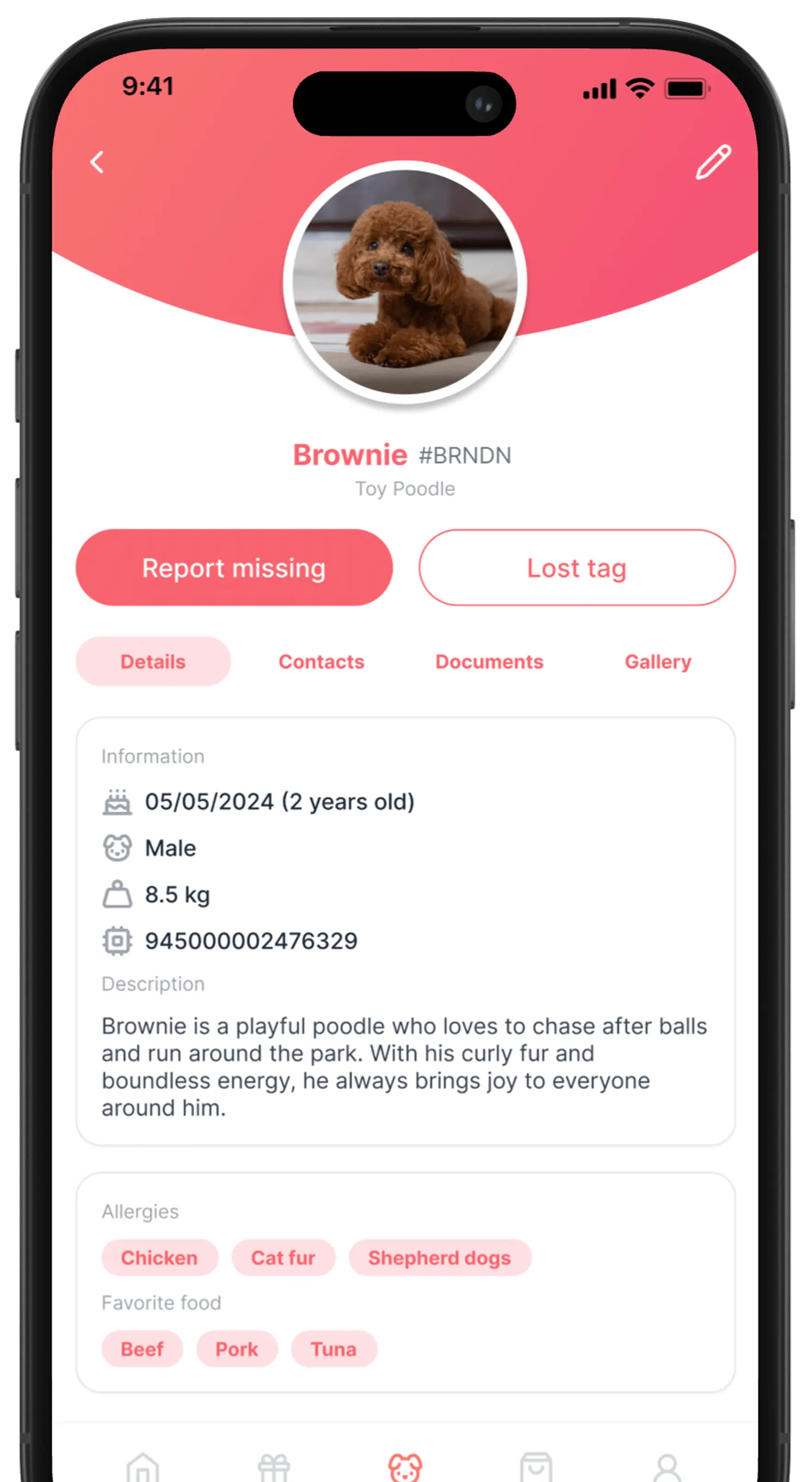 Paw ID digital pet profile for Brownie, showing detailed information including age, gender, weight, microchip number, description, allergies, and favourite food.