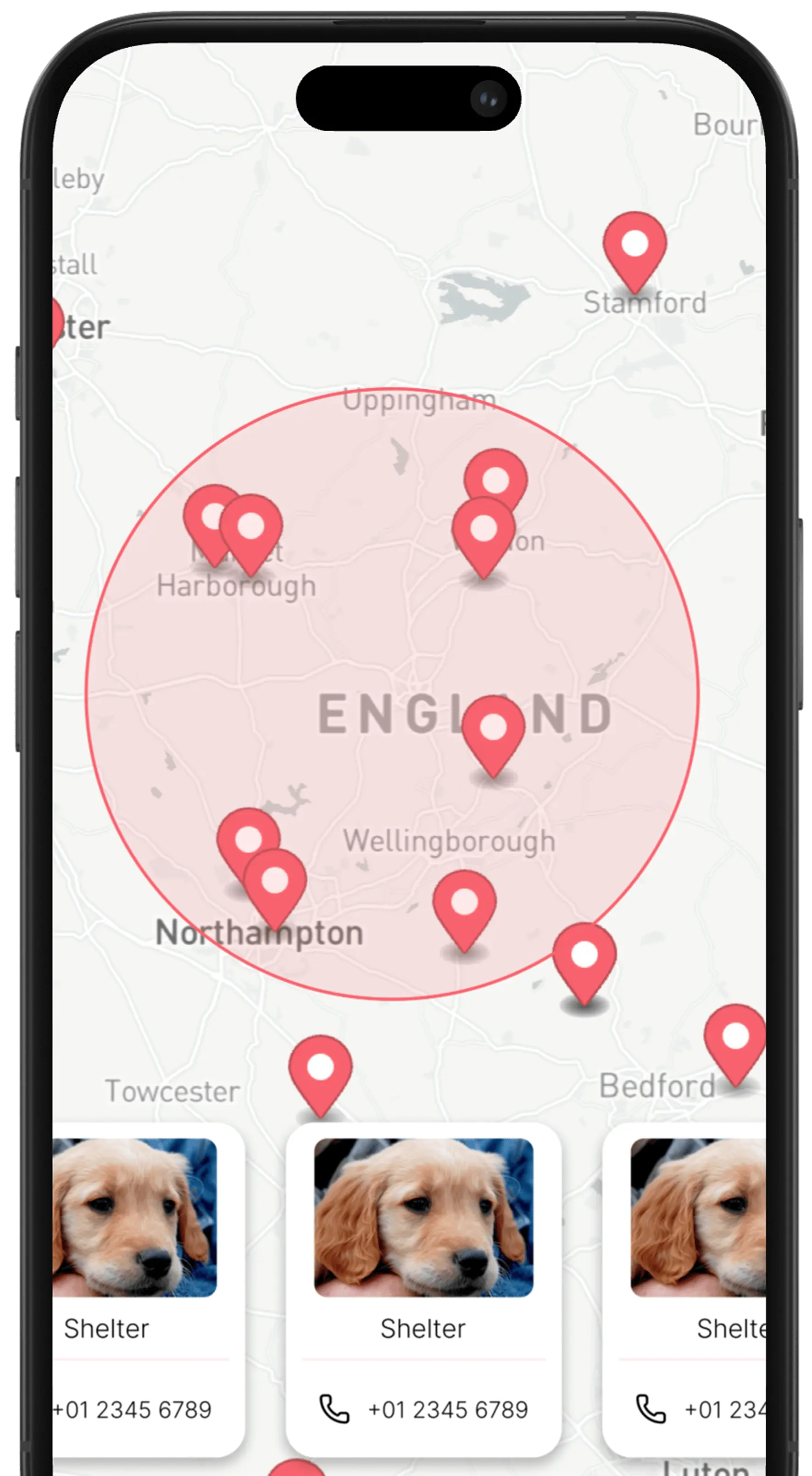 Map interface highlighting nearby vets and animal shelters with contact details and photos, indicating locations notified when a pet is reported missing.