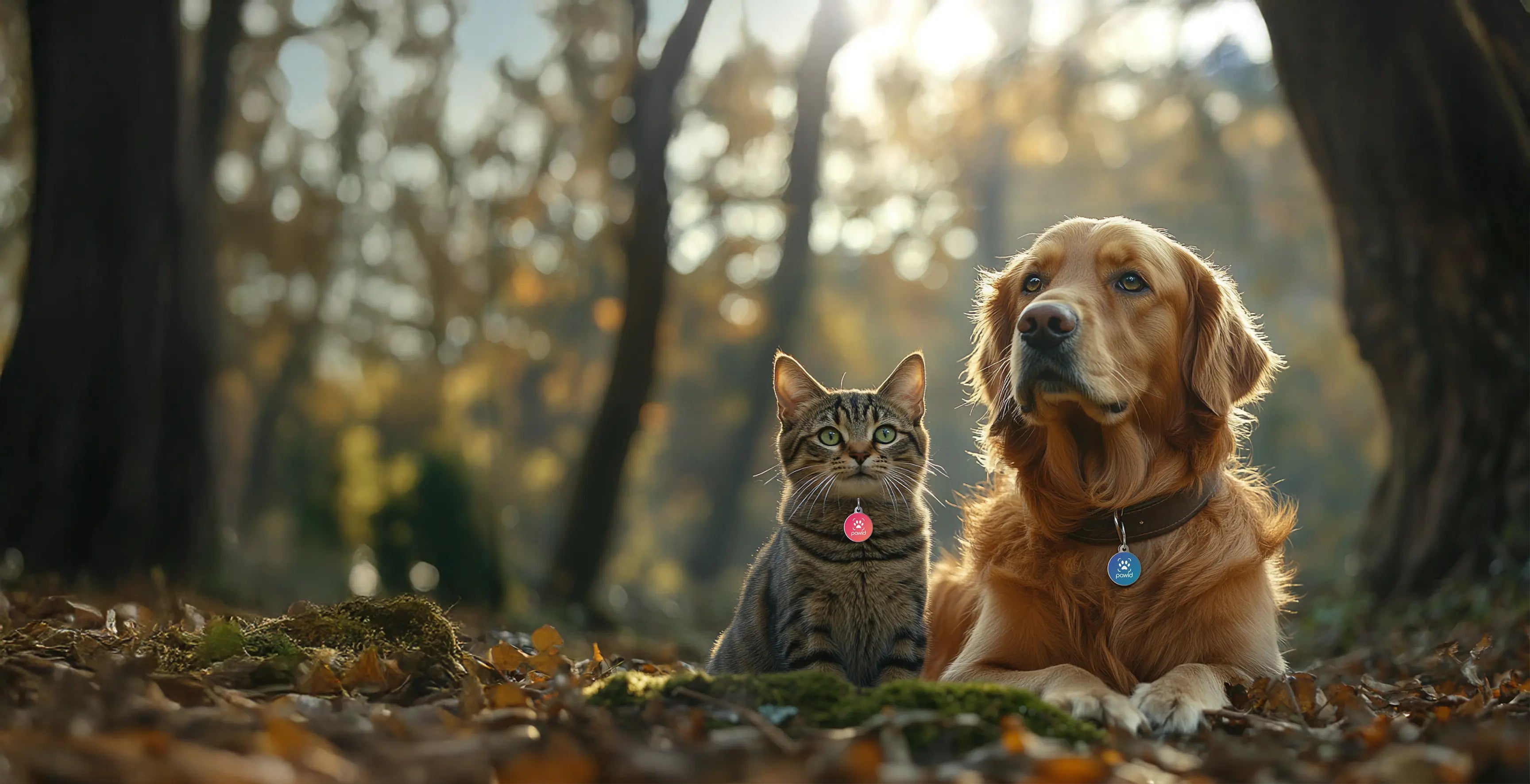 A dog and a cat next to each other in a nice forest both wearing different colour of Paw ID QR Pet Tag